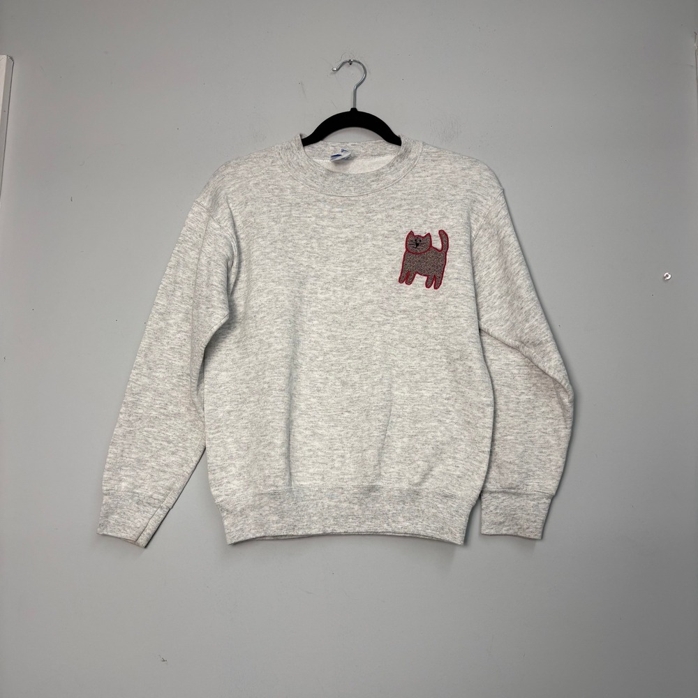 Vtg Kids Gray Heather Cat Patch Sweatshirt Size 14-16 Made in USA 80s Applique